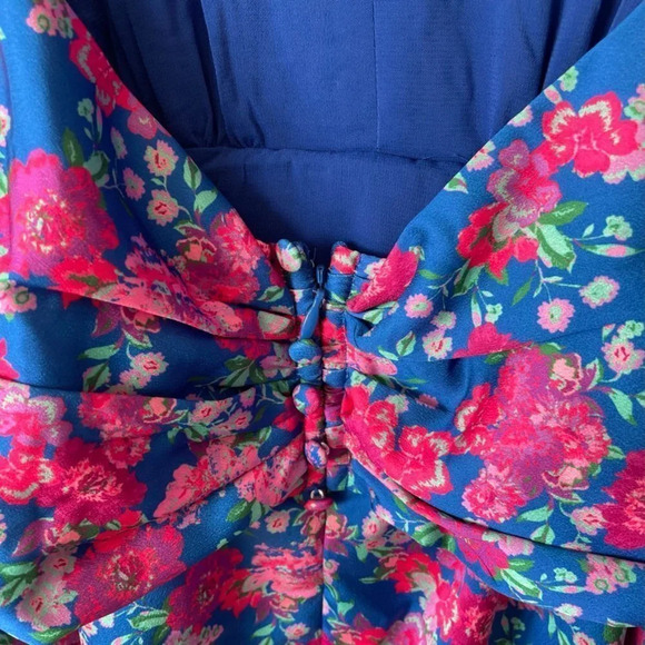 For Love & Lemons Puff Sleeve Open Back Annie Mini Dress Blue  Pink Floral Sz S - Picture 9 of 11